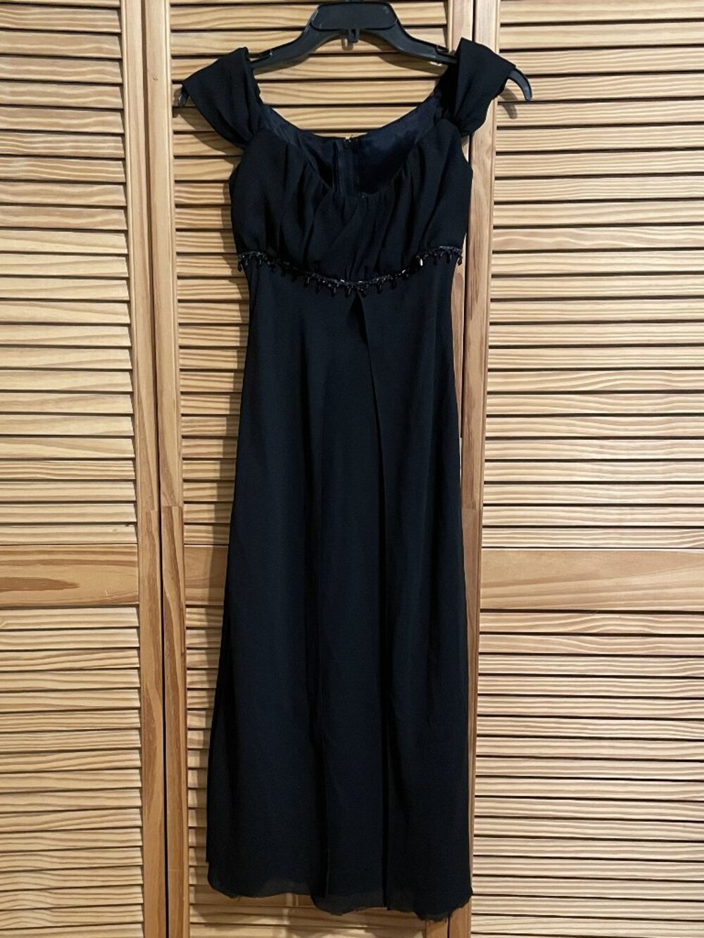 Vintage Y2K Fiesta Black Chiffon Maxi Gown Beaded Off-Shoulder Dress - XS